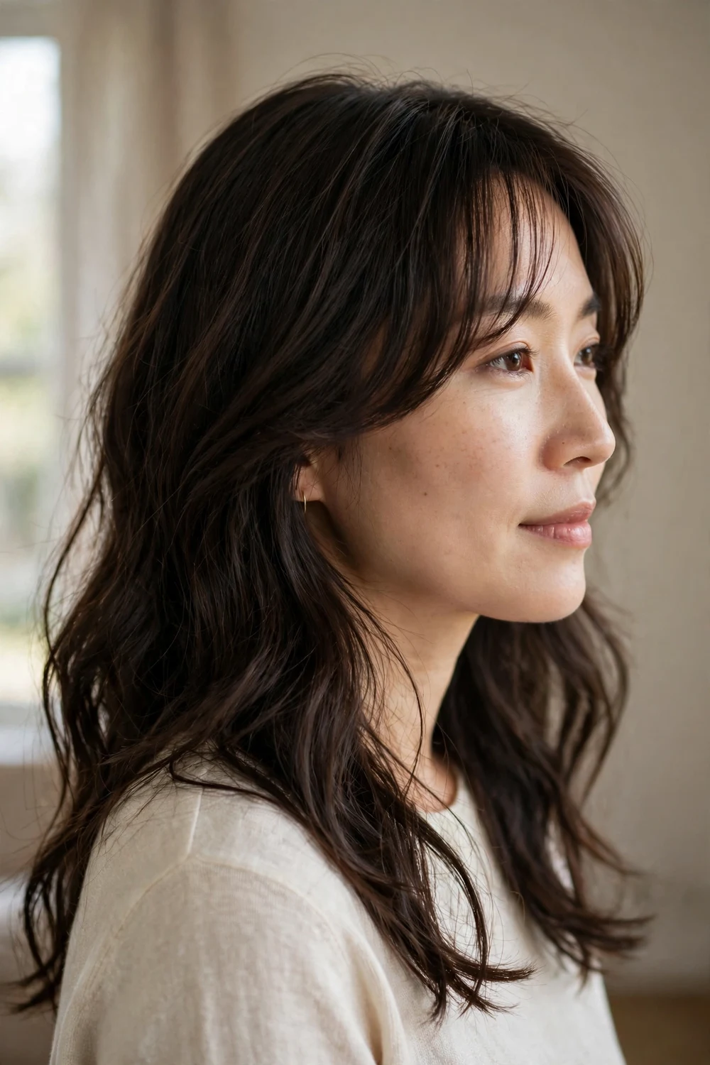 Long subtle side-swept bangs on dark brown wavy hair