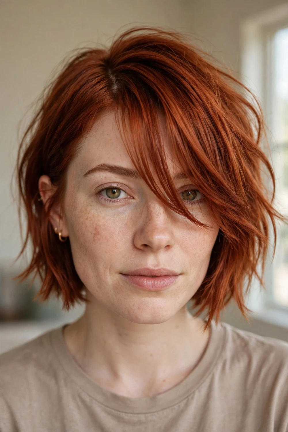 Off-centered straight side-swept bangs on a copper red choppy bob