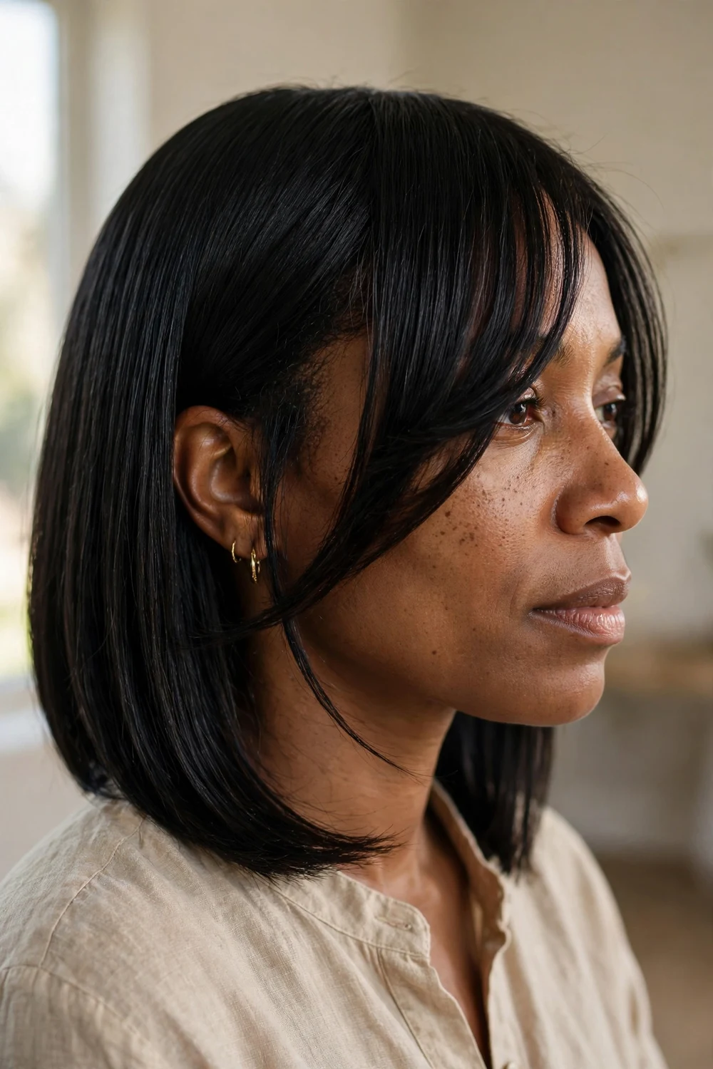 Ear-skimming angled side-swept bangs on a black straight lob