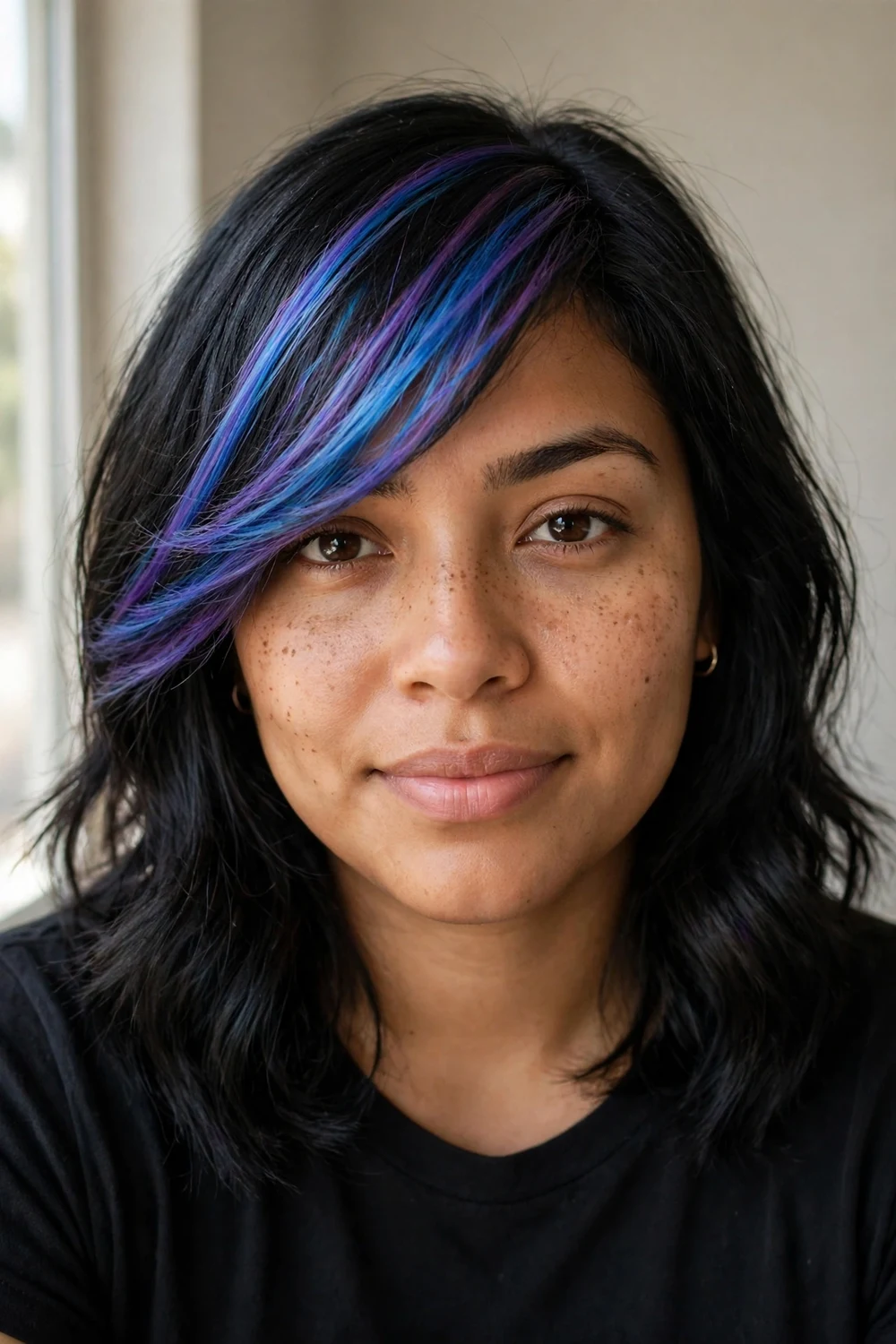 Multicolored angled fringe with blue and purple highlights