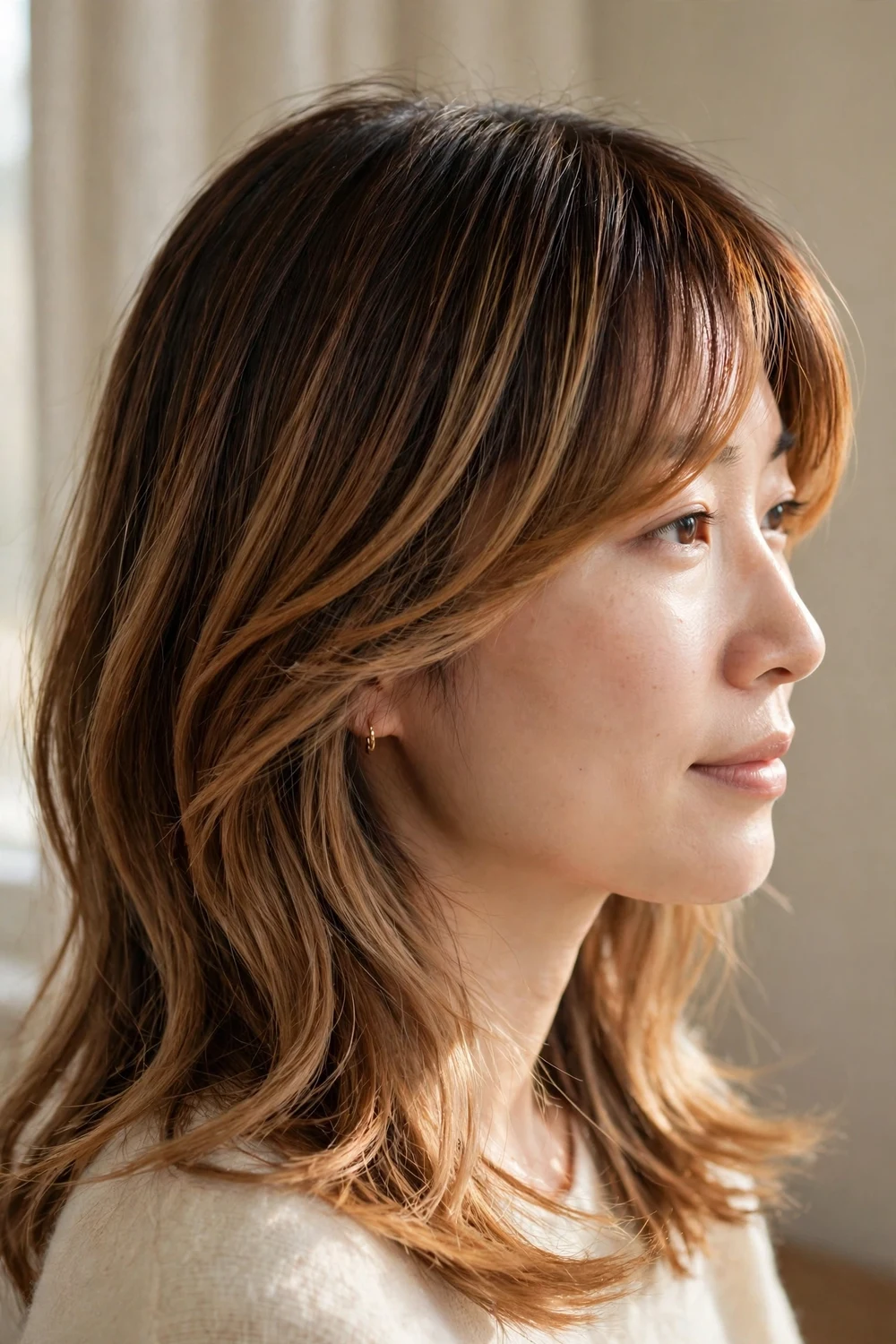 Graduated two-color side-swept bangs on balayage hair