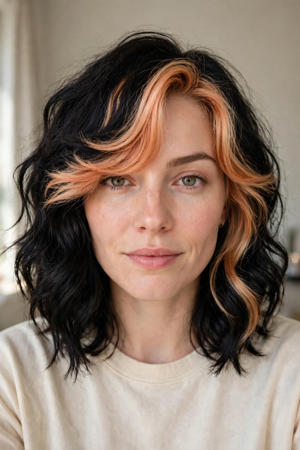 Side-flipped bangs with strawberry blonde money-piece highlights on black wavy hair