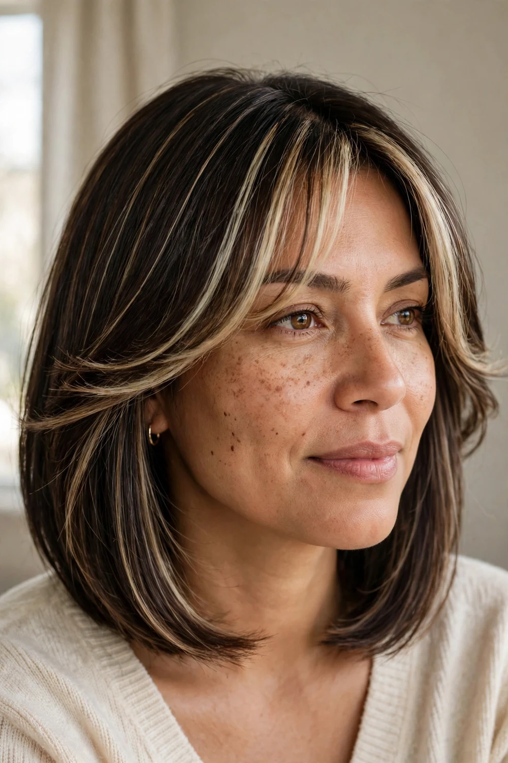 Long highlighted curtain bangs swept to the sides on a dark brown bob