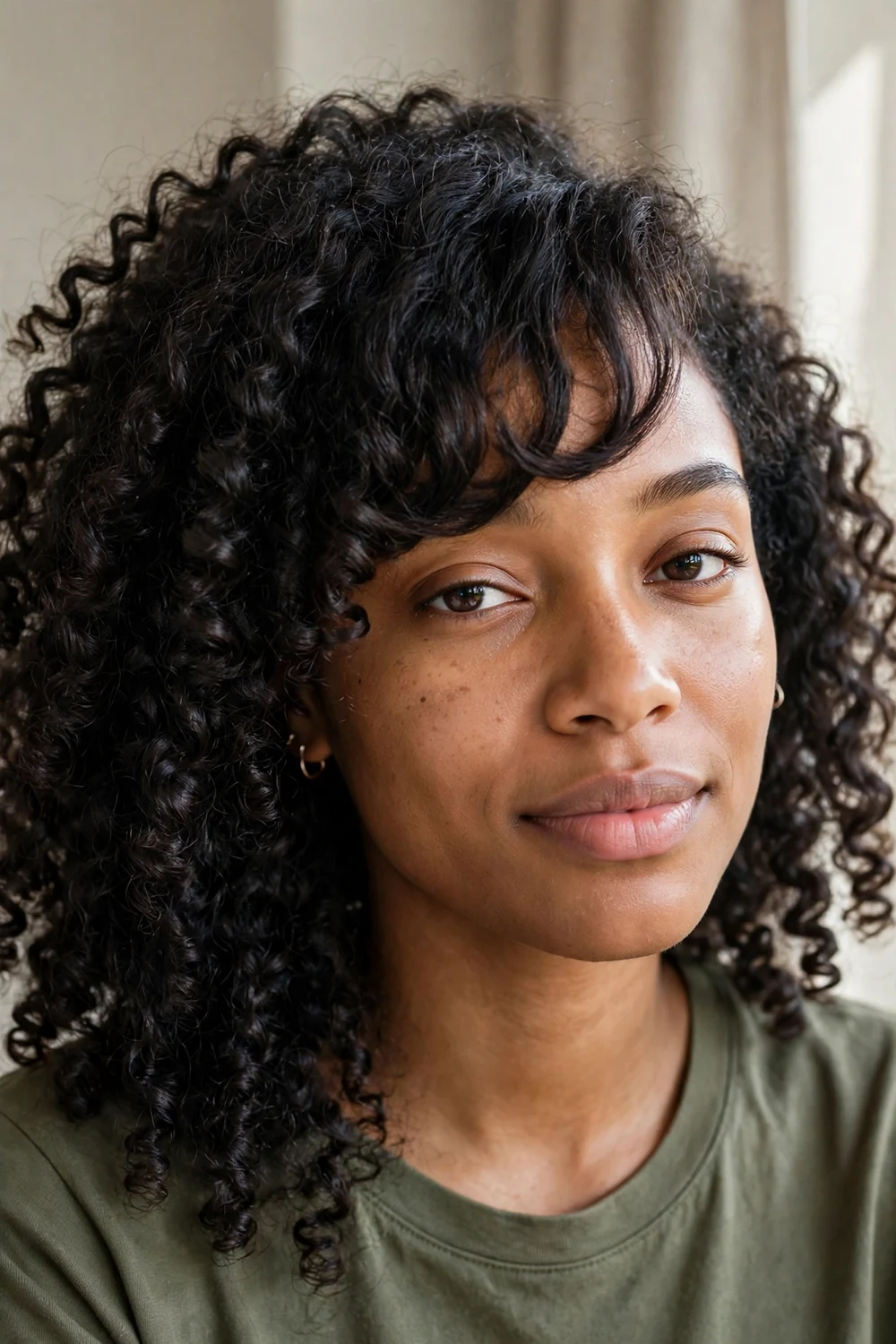 Curly side-swept bangs on natural voluminous curls