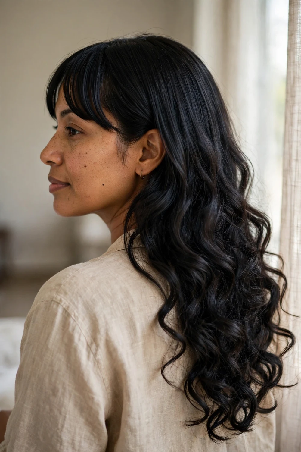 Straight side-swept bangs paired with long curled lengths