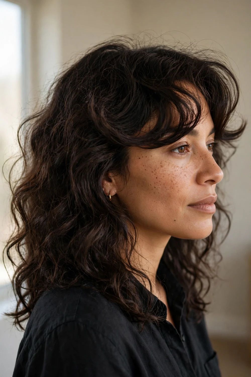 Frizzy swoop side-swept bangs on wavy dark brown hair