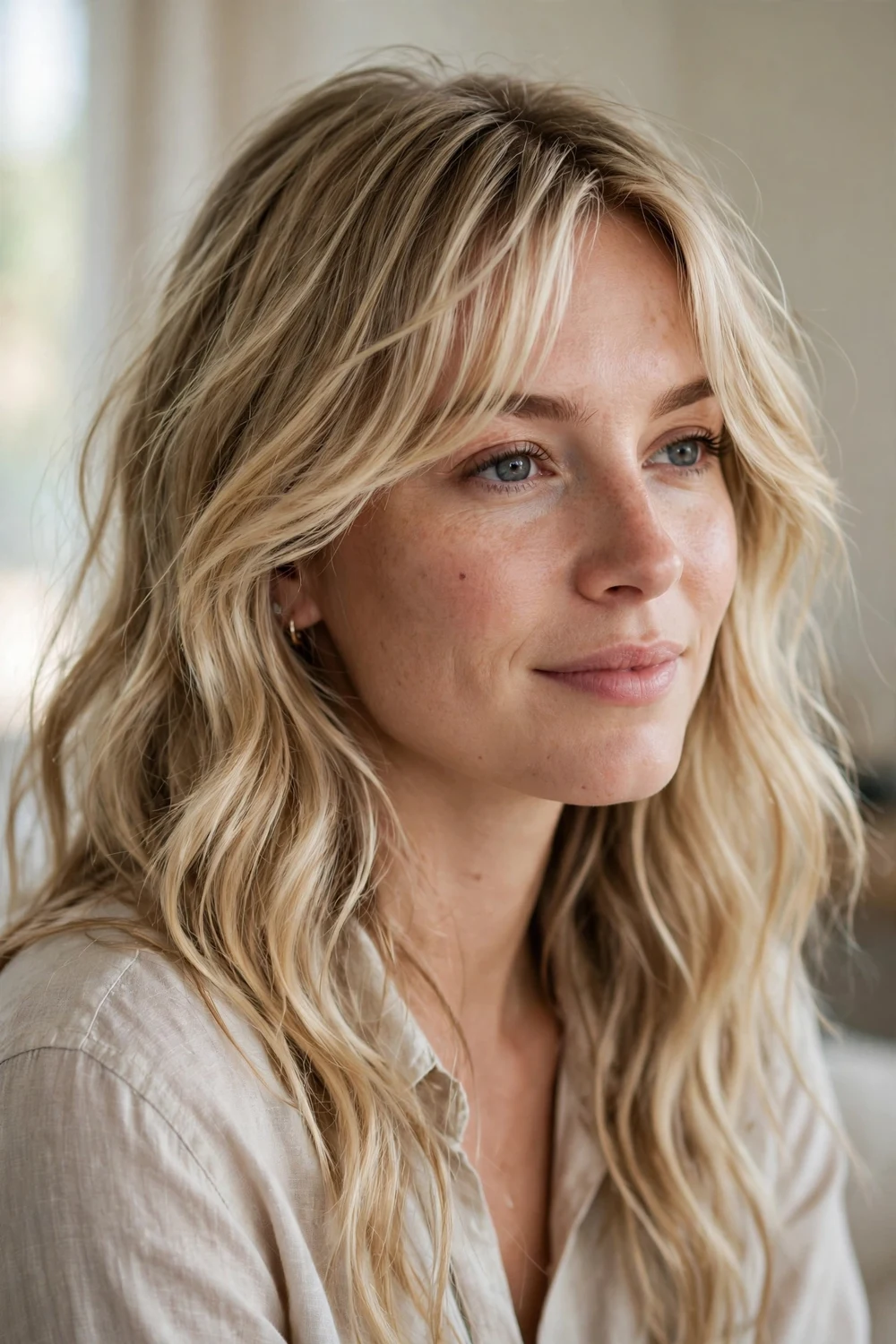 Beachy side-swept bangs with sun-kissed blonde waves