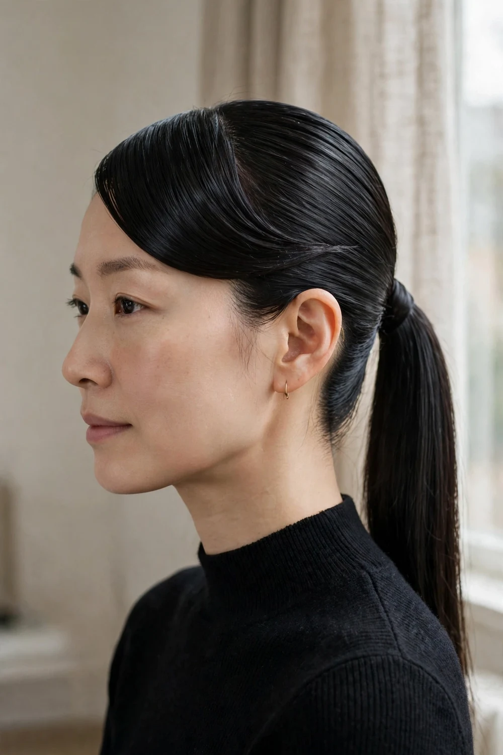 Slicked side-swept bangs with a sleek black ponytail