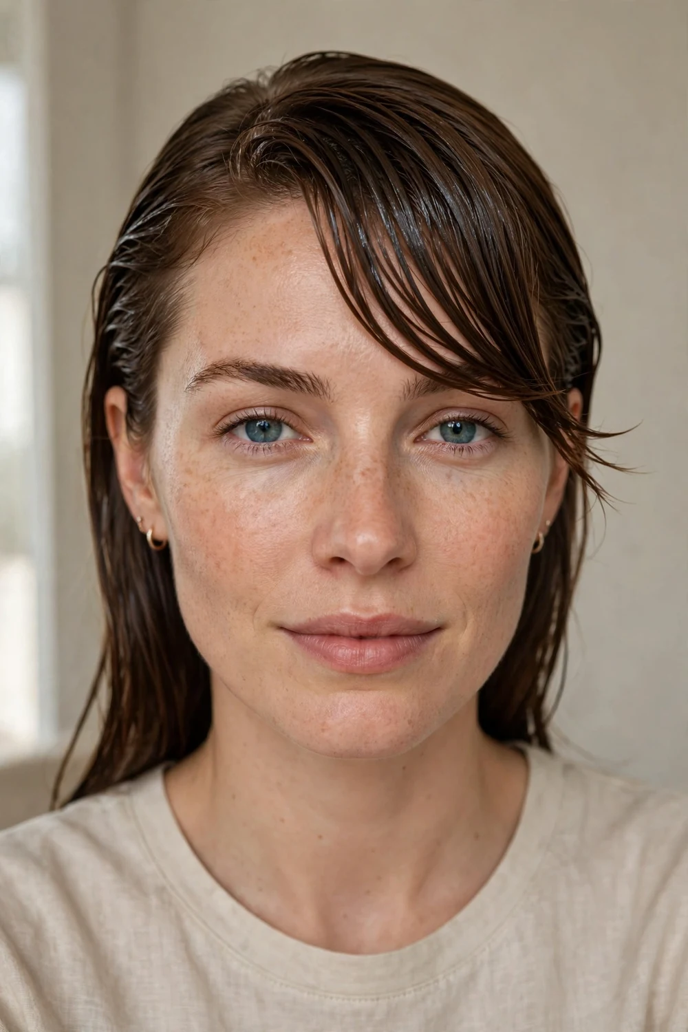 Wet-look side-swept bangs with glossy finish