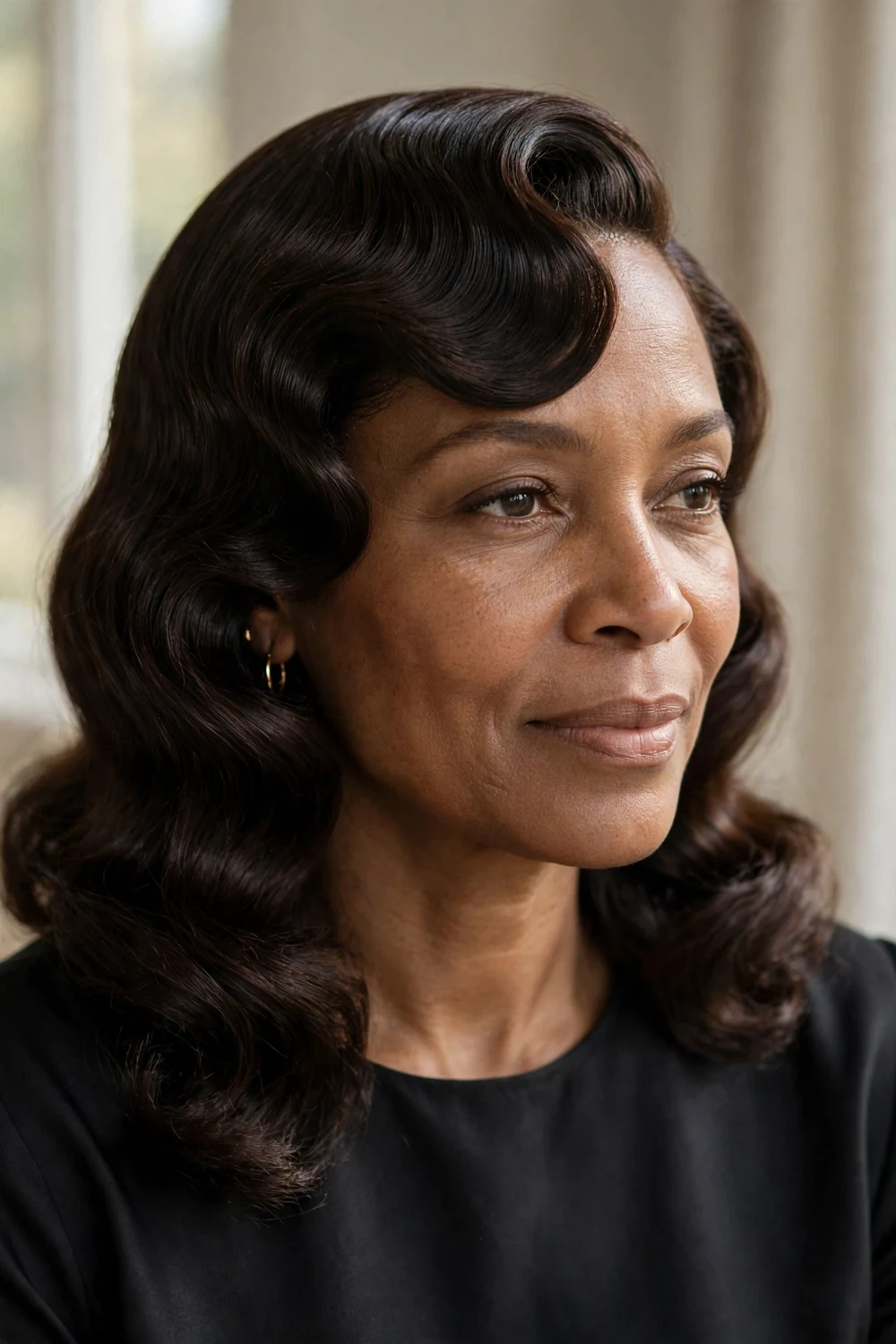 Old Hollywood glam waves with dramatic swooped side bangs