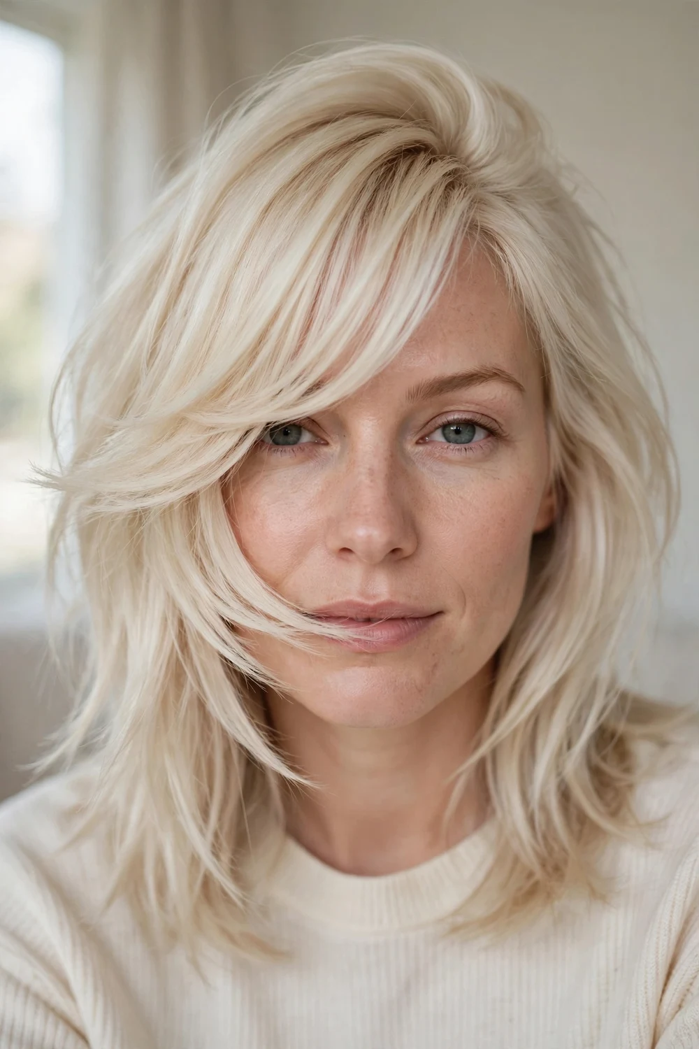 Lip-length razored side-swept bangs on platinum blonde hair