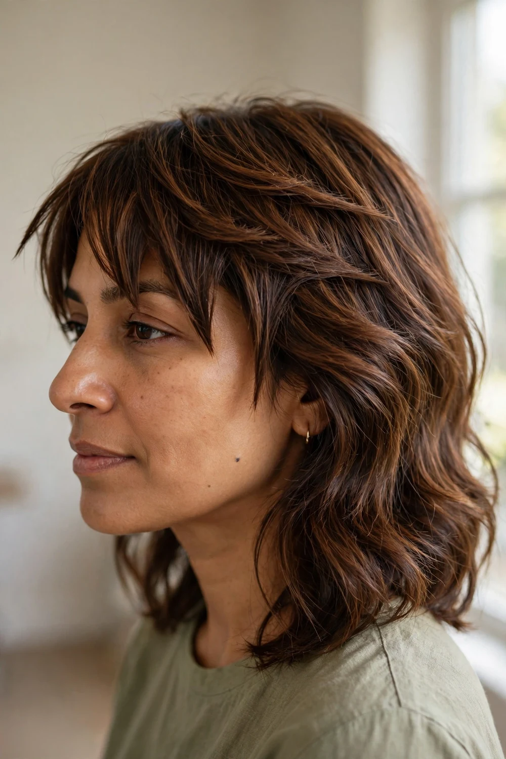 Cheek-length jagged side-swept bangs on shoulder-length chestnut hair