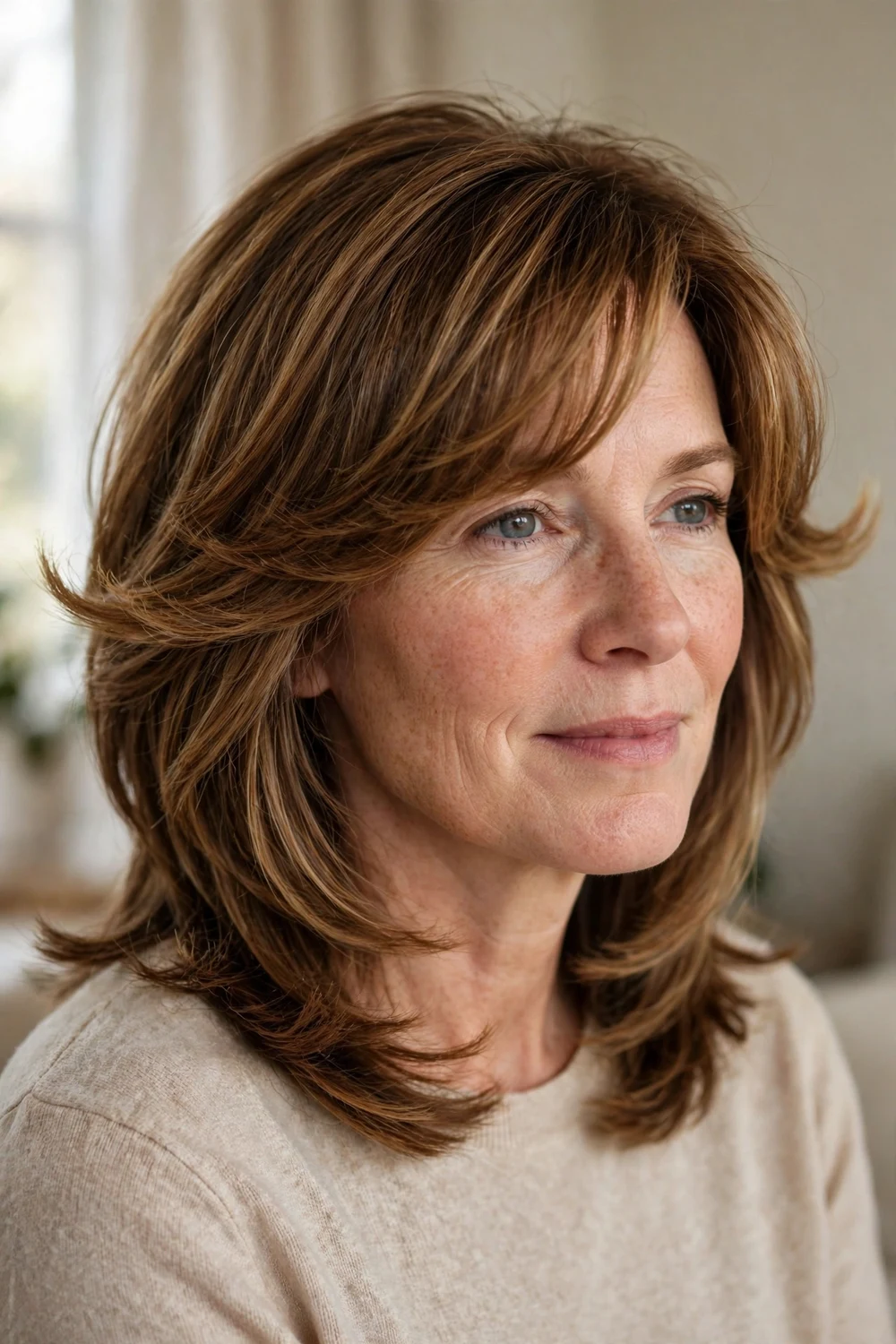 Flipped side-swept bangs blended into caramel layered hair