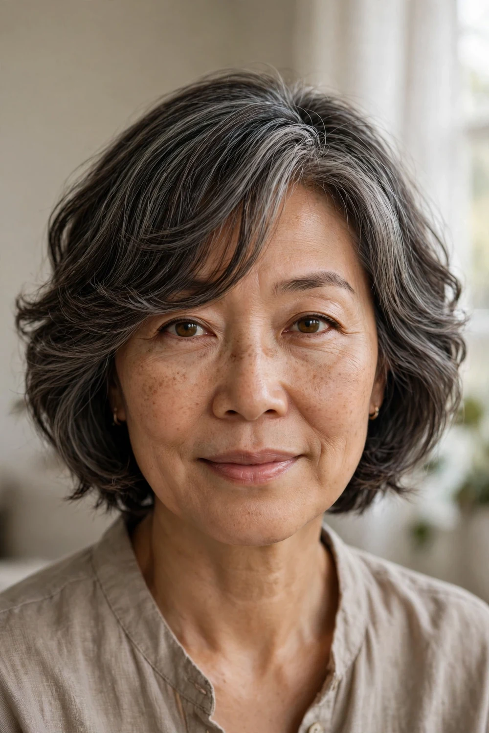 Soft accented fringe with body wave on short salt-and-pepper hair