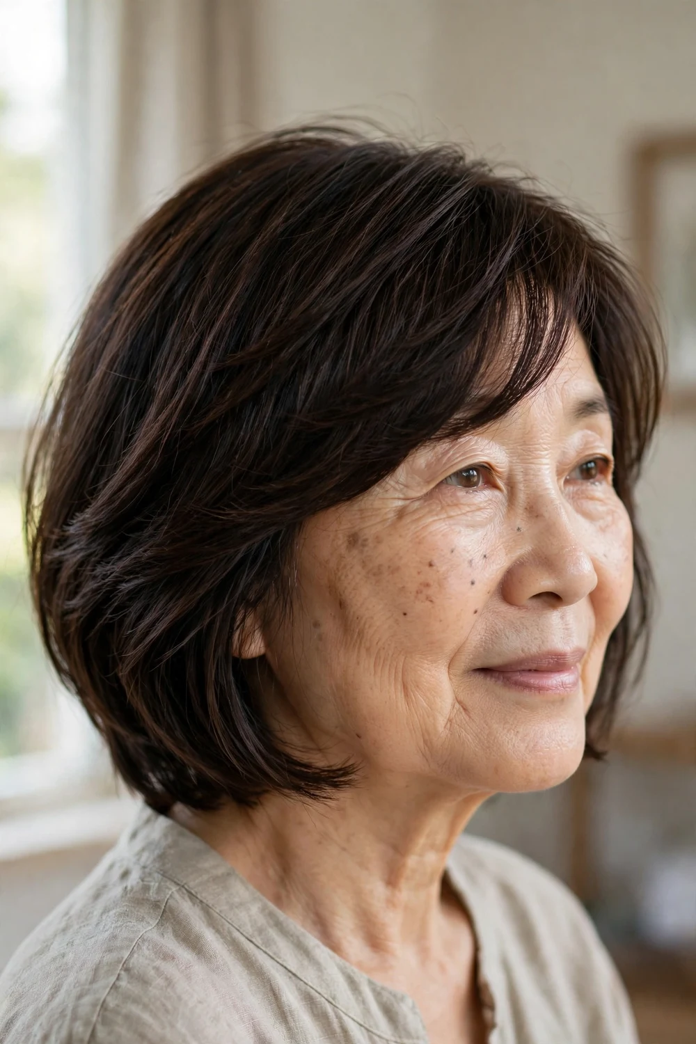 Layered bob with side-swept bangs for a woman over 60