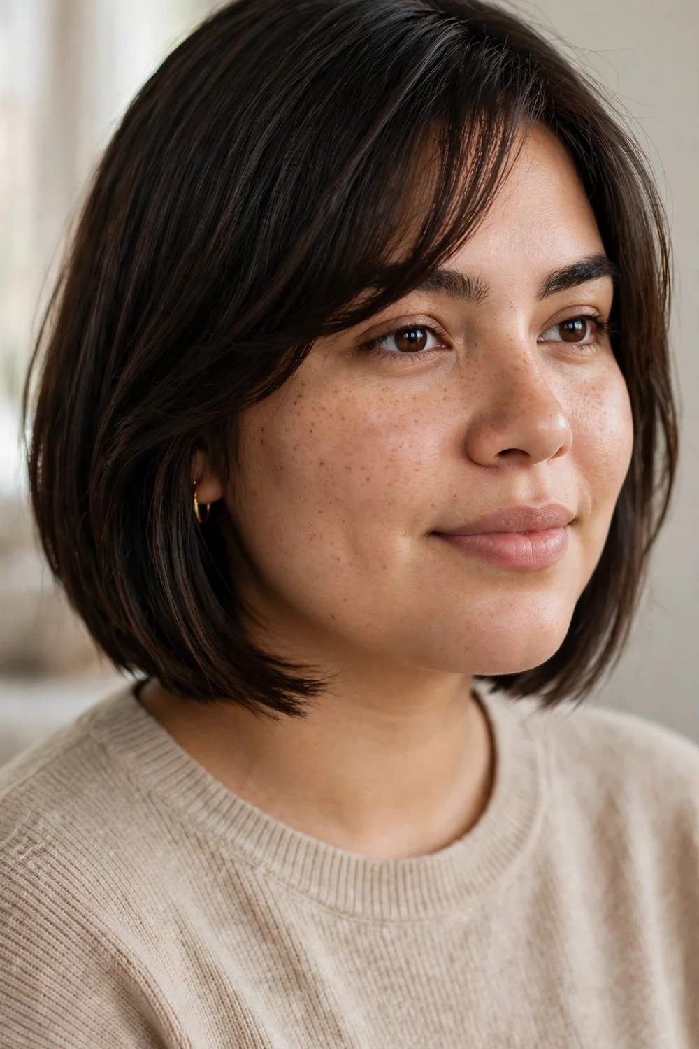 Woman with round face wearing a classic chin-length bob with long side-swept bangs