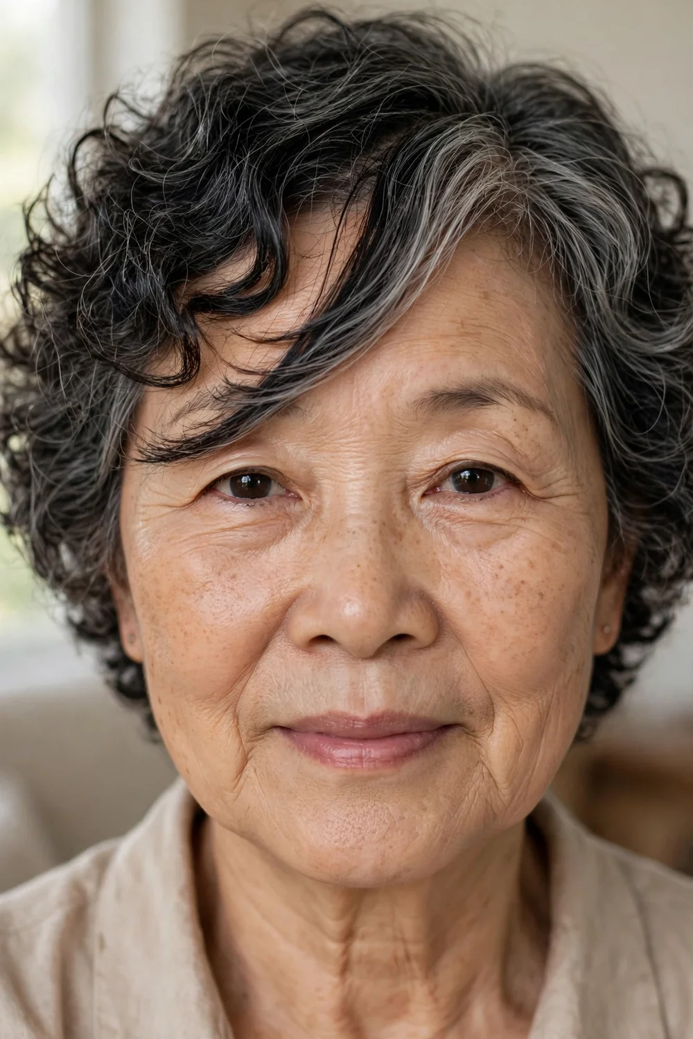 Older woman with side-swept bangs on curly hair