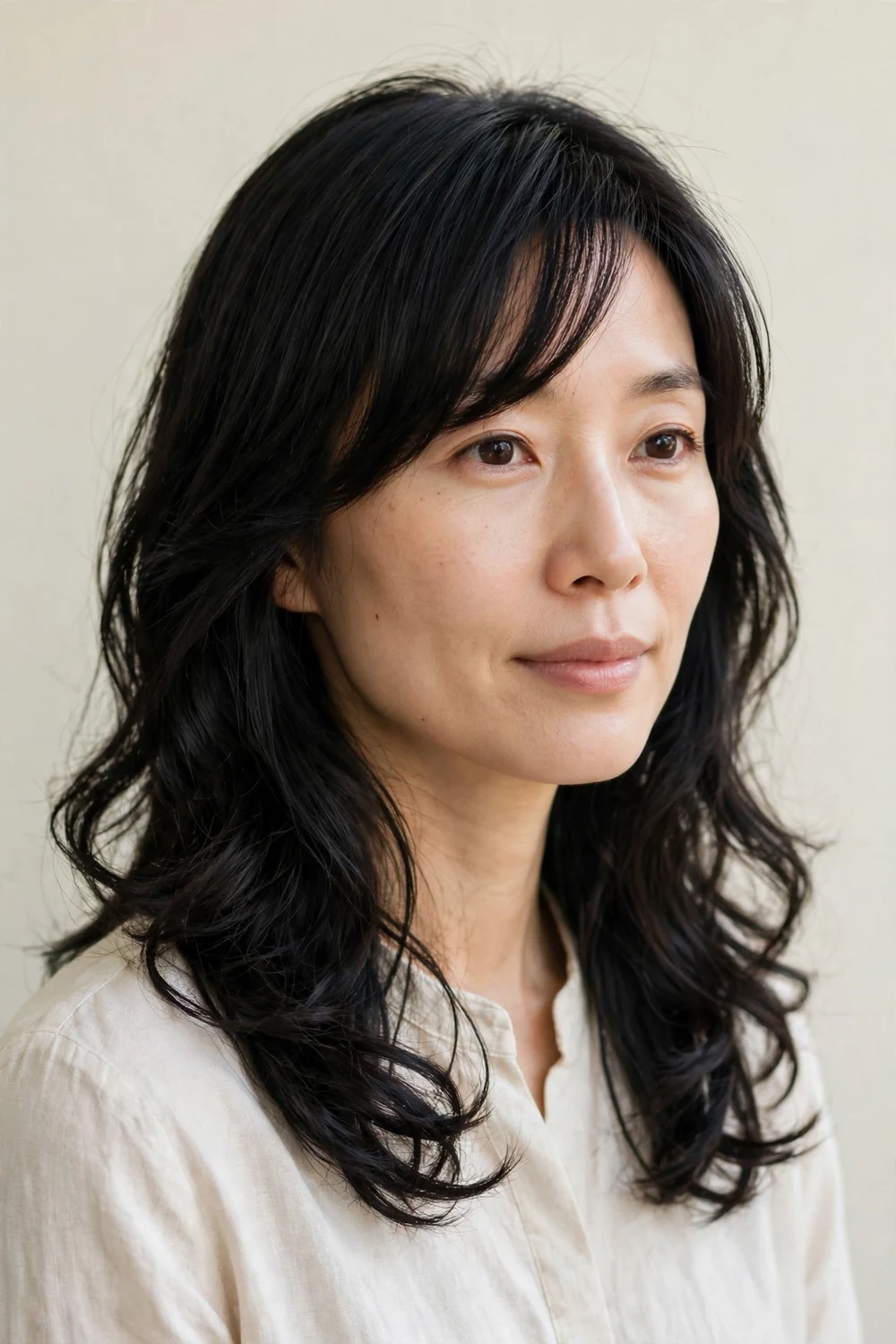 East Asian woman in her mid thirties with an oblong face and medium-length layered black hair with side-swept bangs