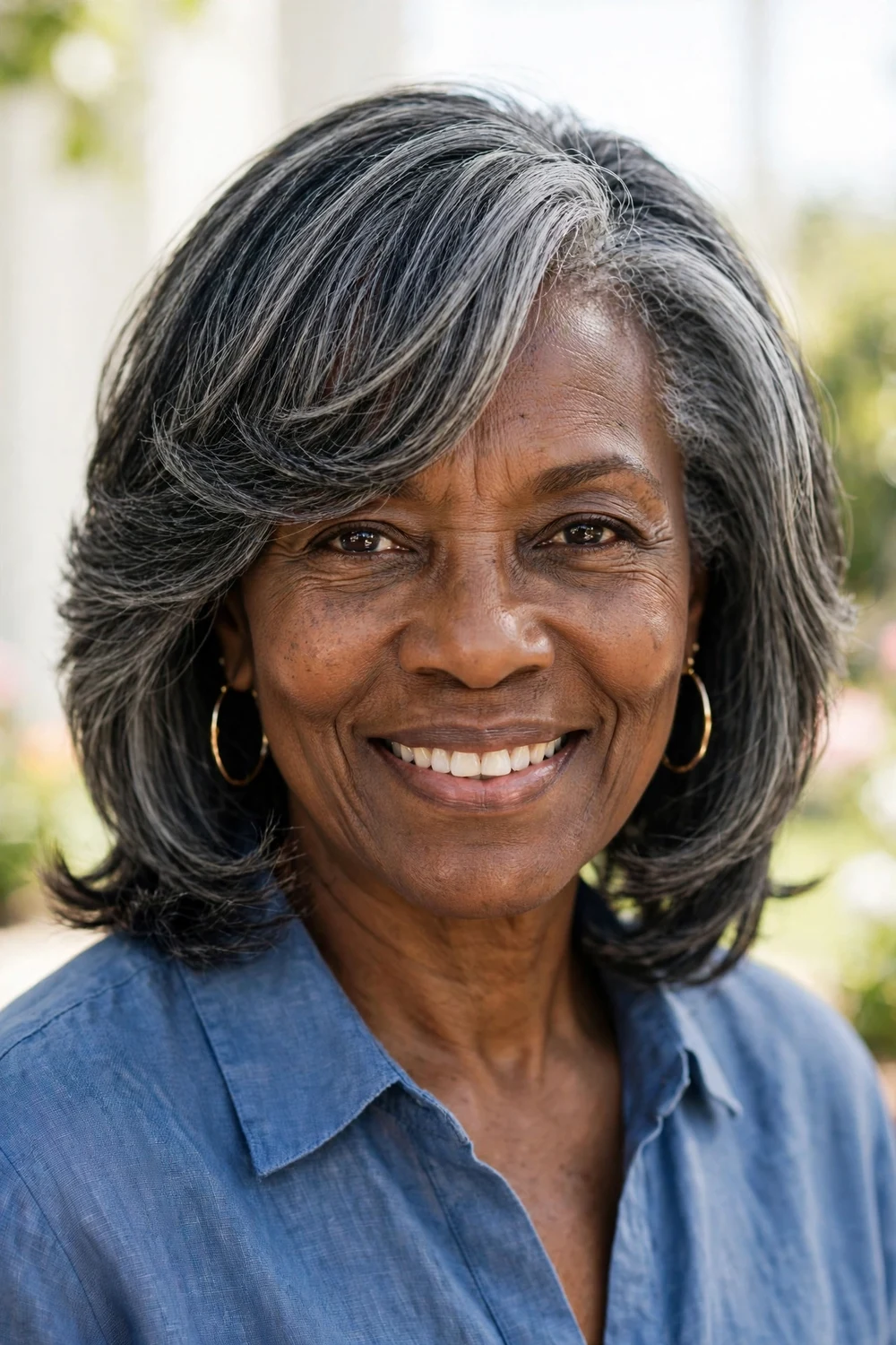 Black woman in her early 60s with salt-and-pepper side-swept bangs