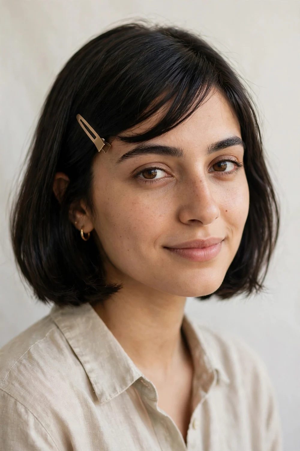 Middle Eastern woman in her twenties with a dark bob and side-swept bangs held by a pin
