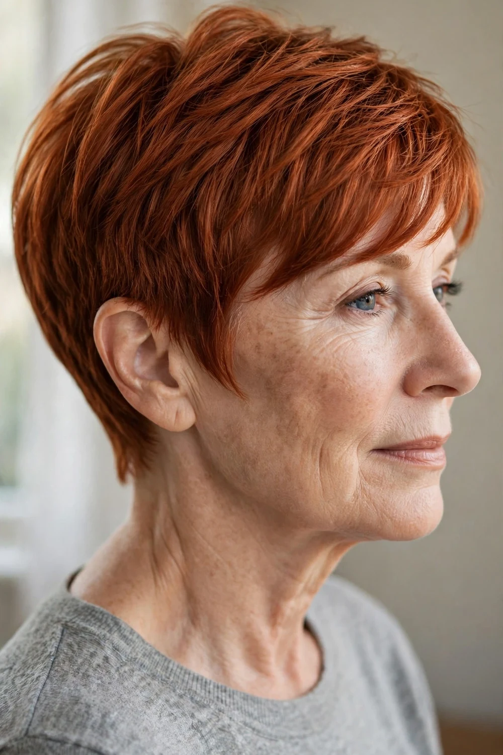 Side view of a pixie with side-swept bangs on a woman over 50 with thin copper red hair