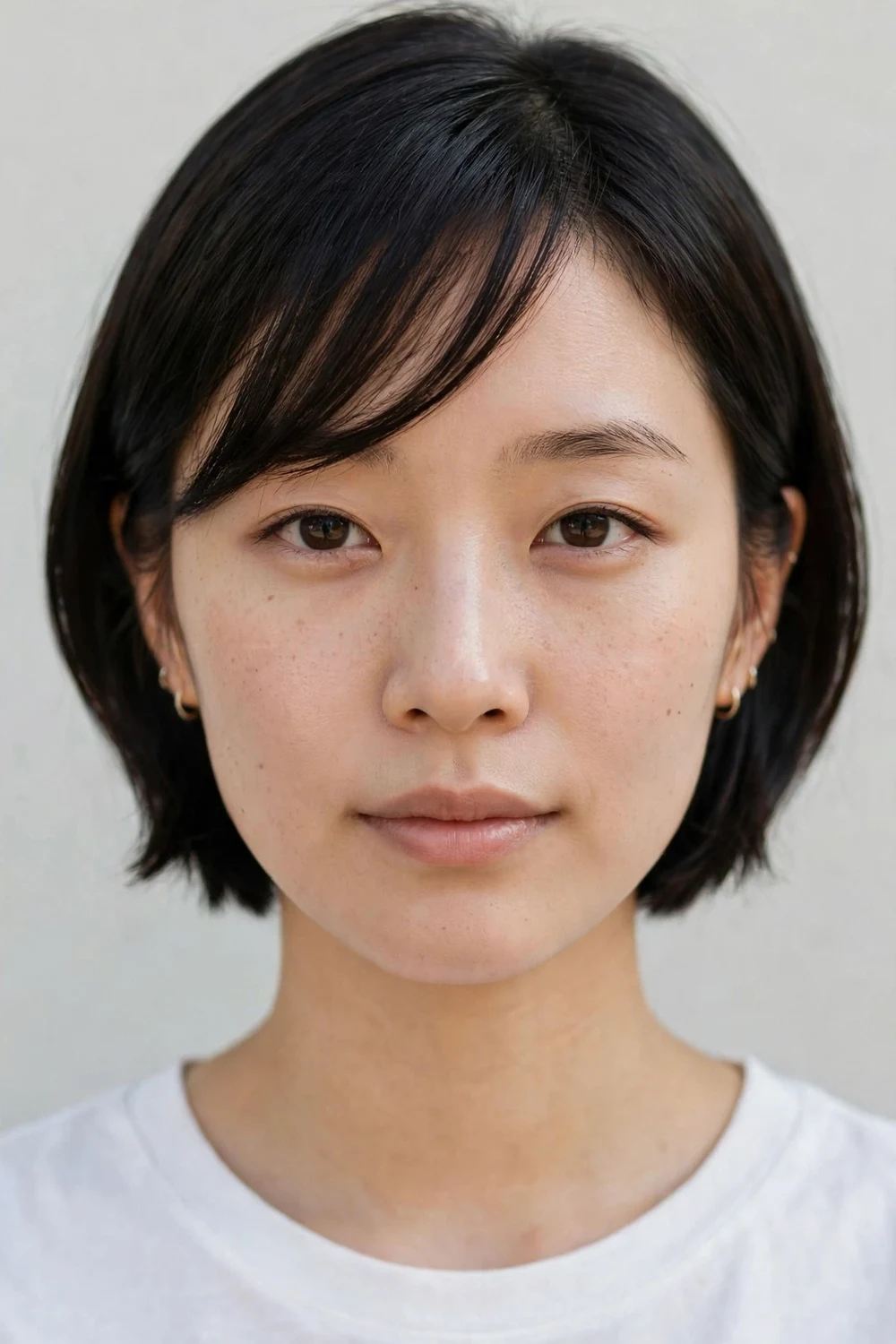 Woman with side-swept bangs on short straight hair, fringe swept diagonally across the forehead