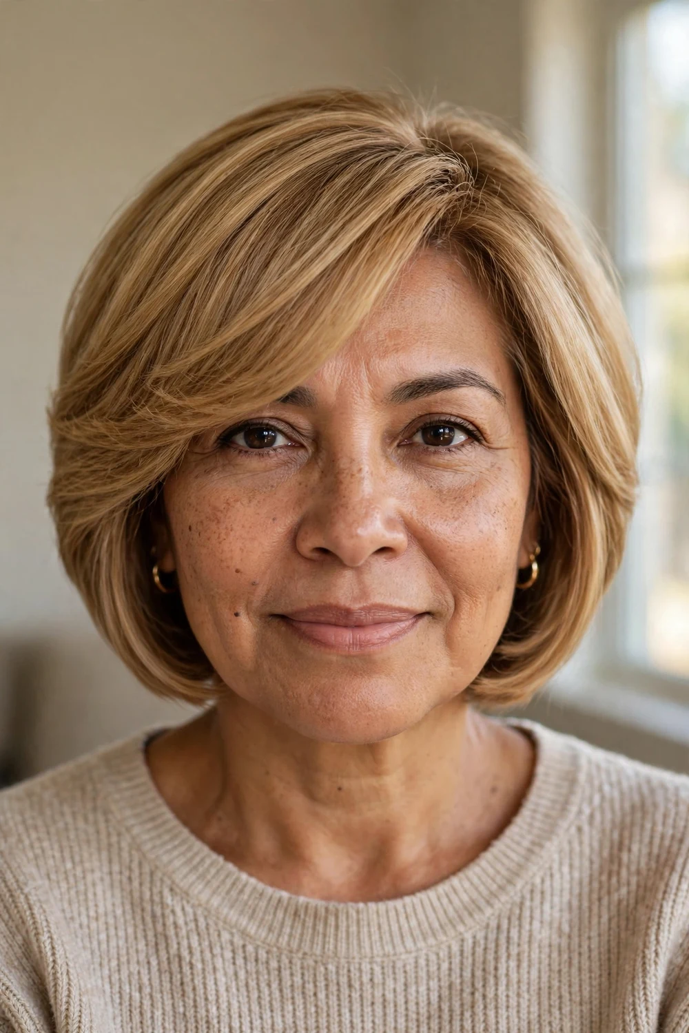 Stacked bob with side-swept bangs framing the forehead
