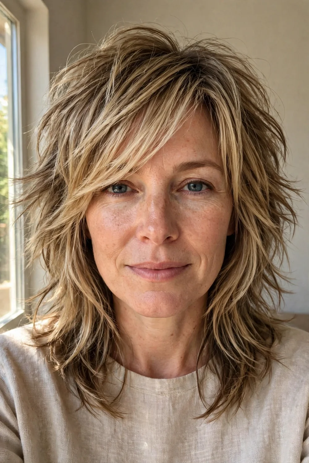 Wolf cut with side-swept bangs brushing across the forehead on dark blonde hair