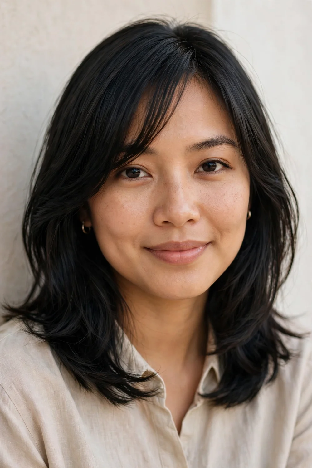 Woman with long side-swept bangs angled across the forehead
