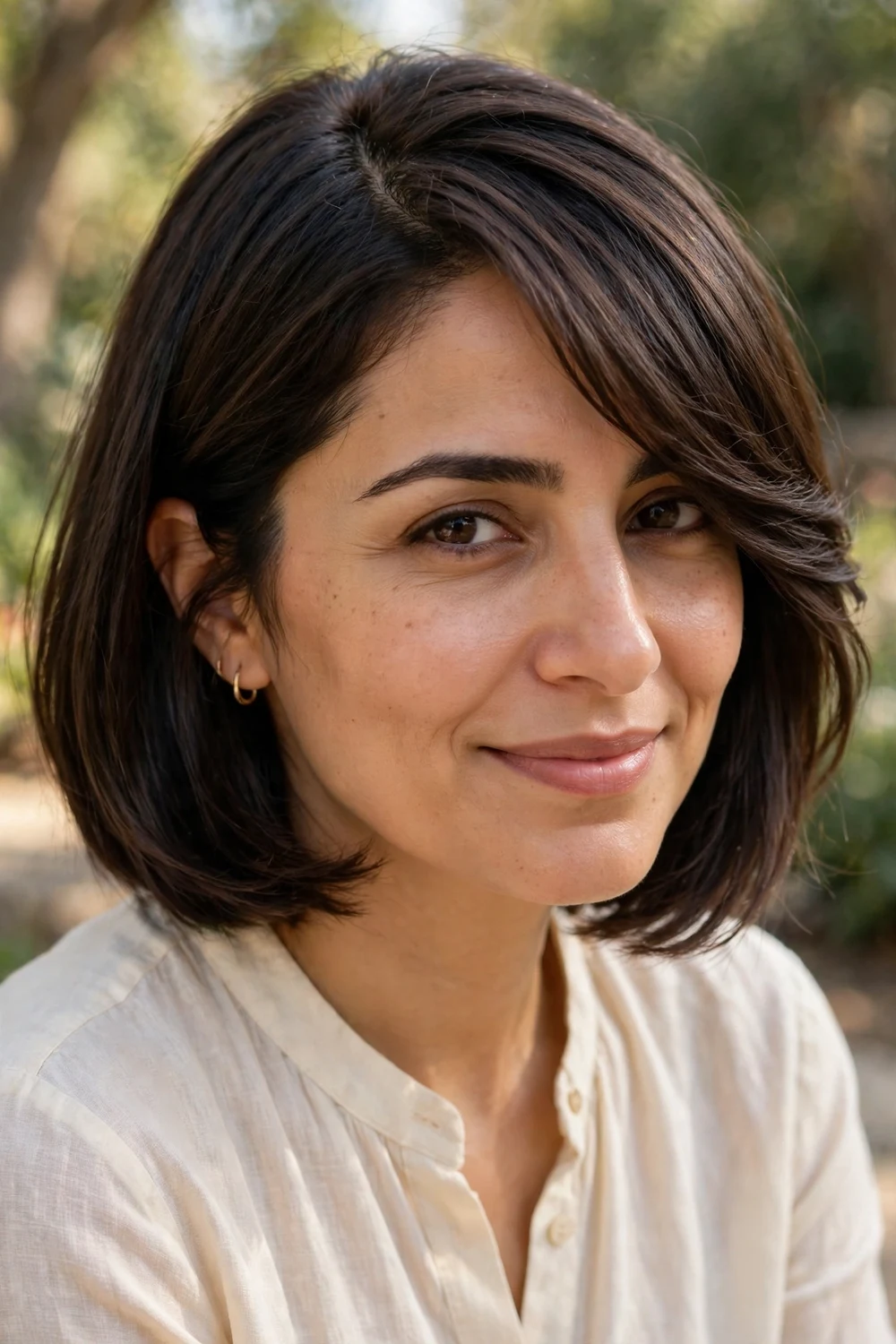 Woman with a side-swept bob haircut with a deep side part