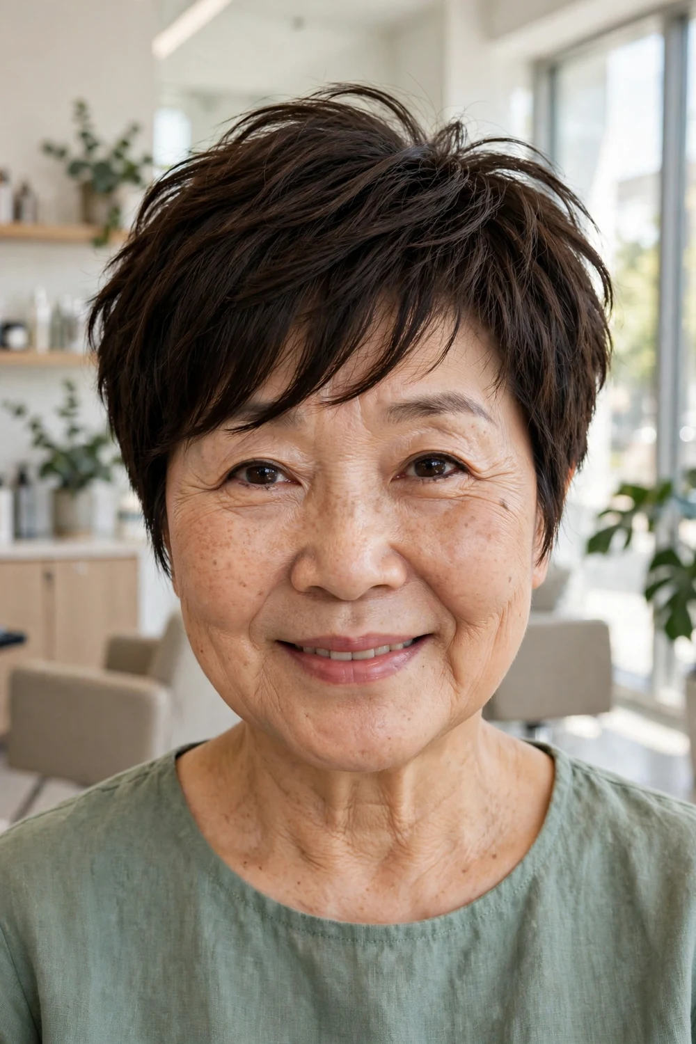 Woman over 50 with dark brown side-swept choppy pixie and wispy bangs