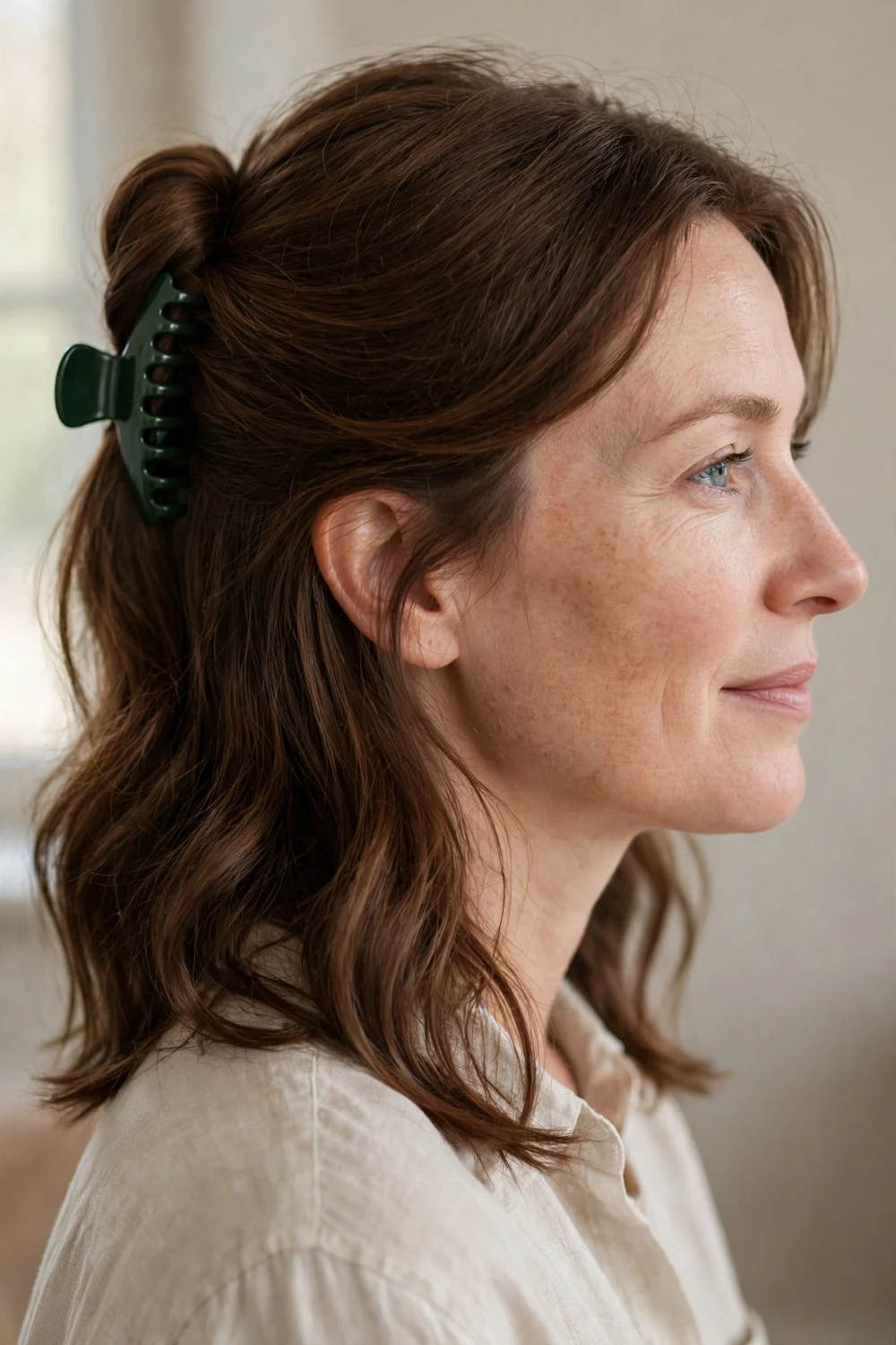 Woman with chestnut medium-length hair swept to one side and pinned with a small dark green claw clip