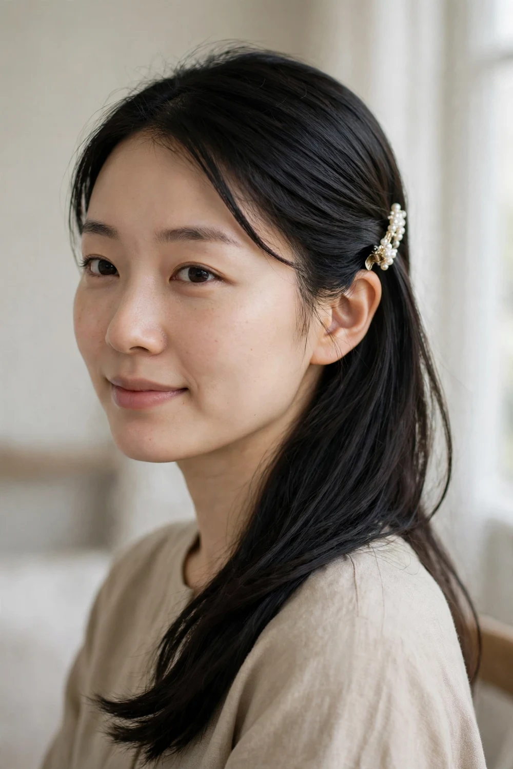 Side-swept hair with decorative pearl claw clip on thin fine black hair