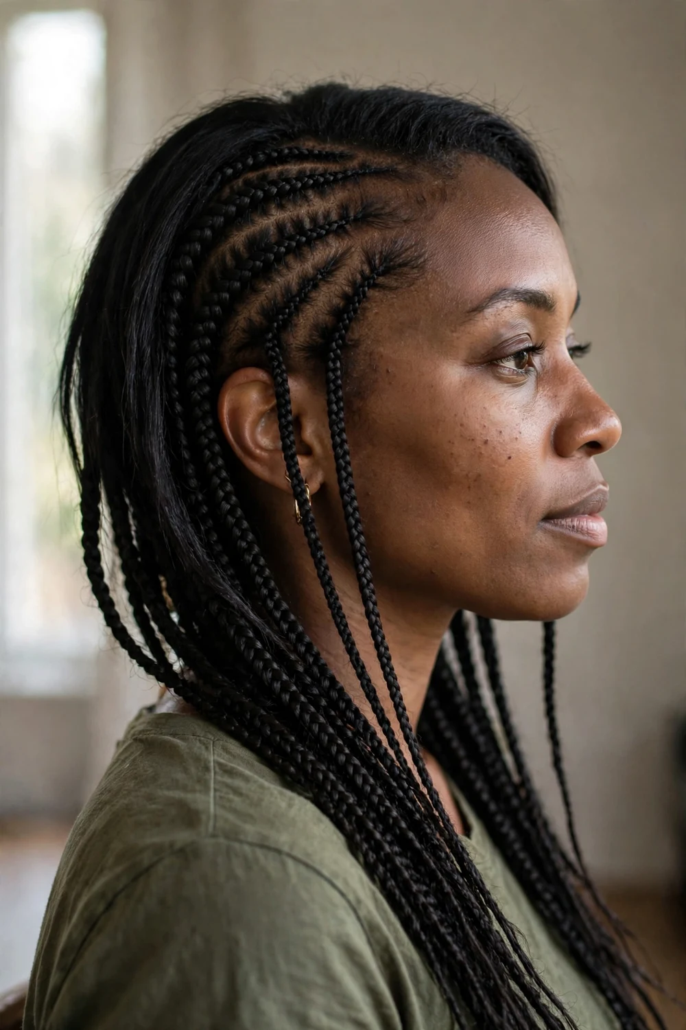 Thin cornrow braids swept from one side to the other