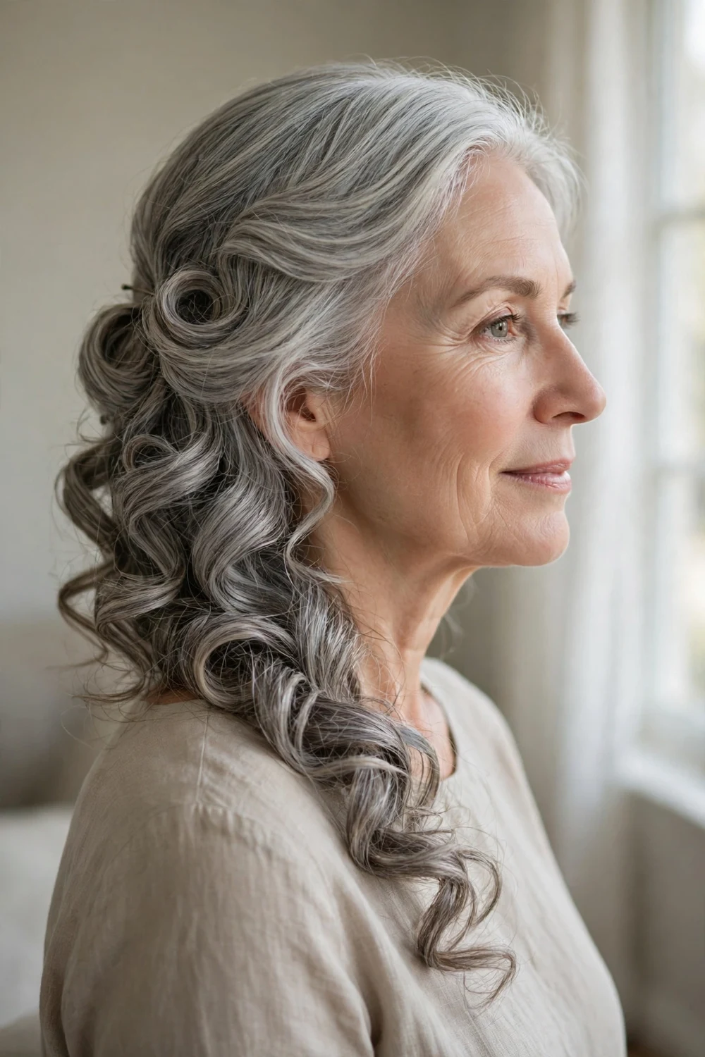Woman with silver gray long hair in side-swept curls over one shoulder