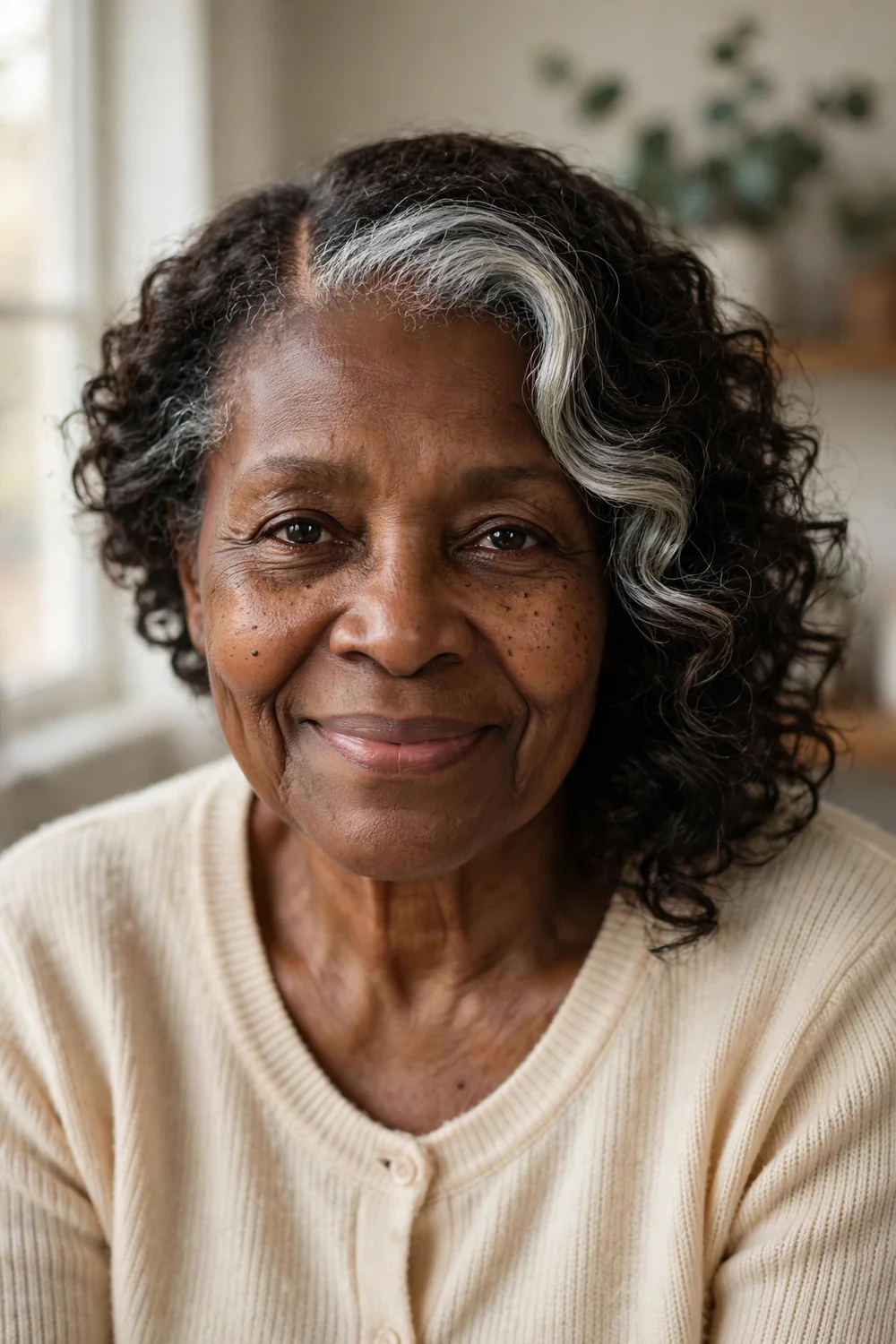 Side-swept curls with silver front streak on woman over 60