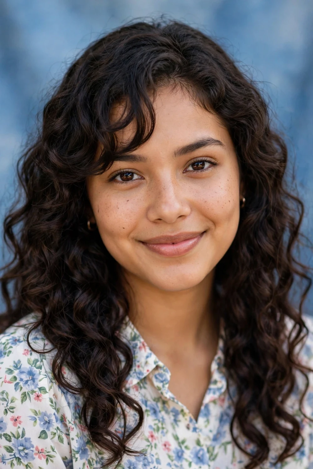 Young woman with an oval face wearing long curls with side-swept curly bangs