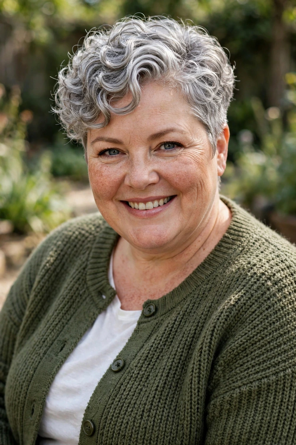 Woman with dark curly hair in a side-swept curly pixie