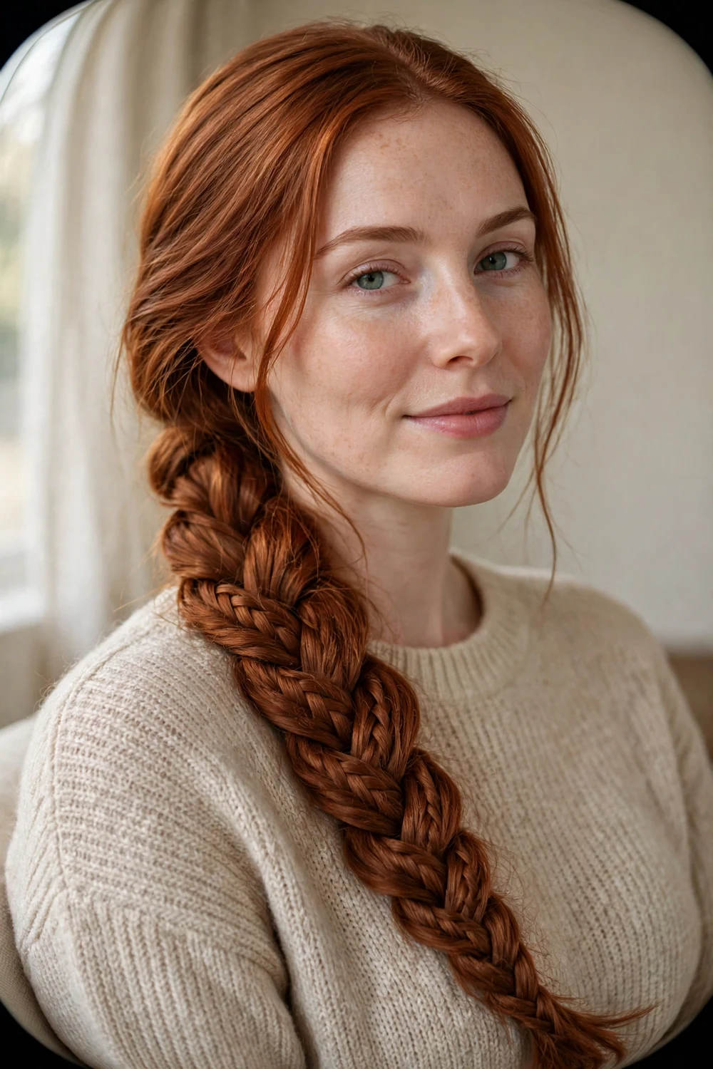 Auburn fishtail braid swept over one shoulder on fine hair