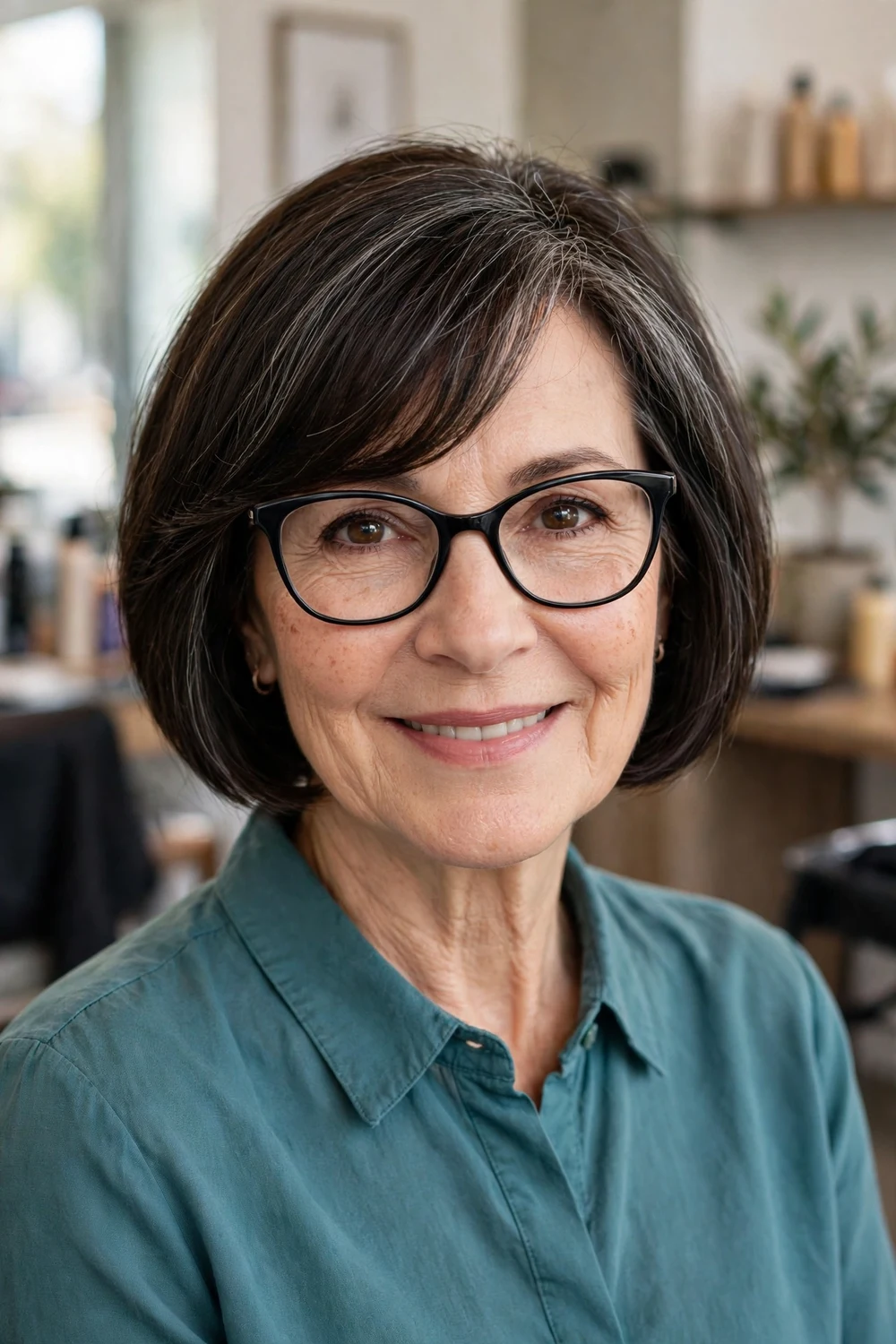 Side swept fringe on a woman over 60 wearing glasses