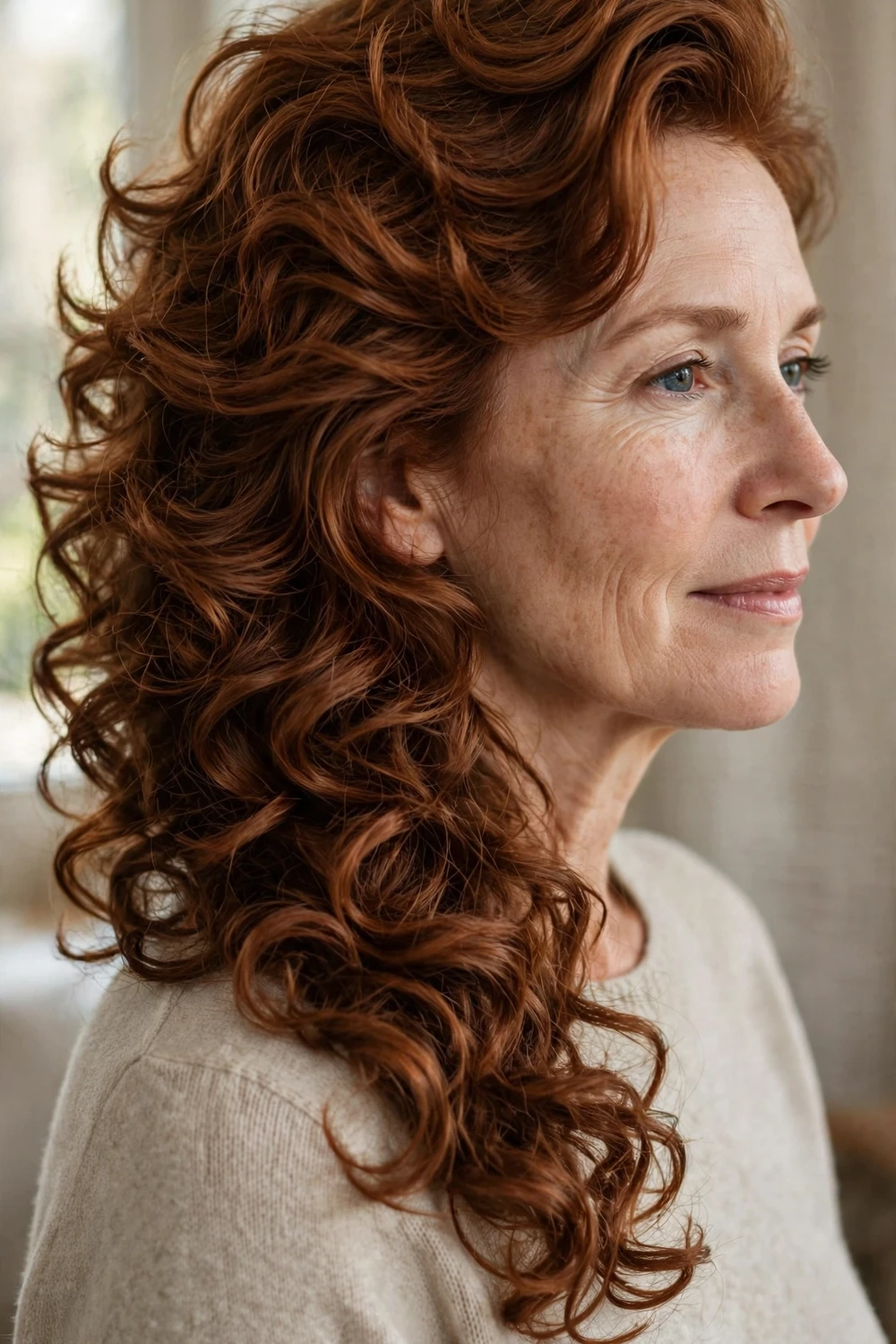 Woman with thick curly hair swept to one shoulder