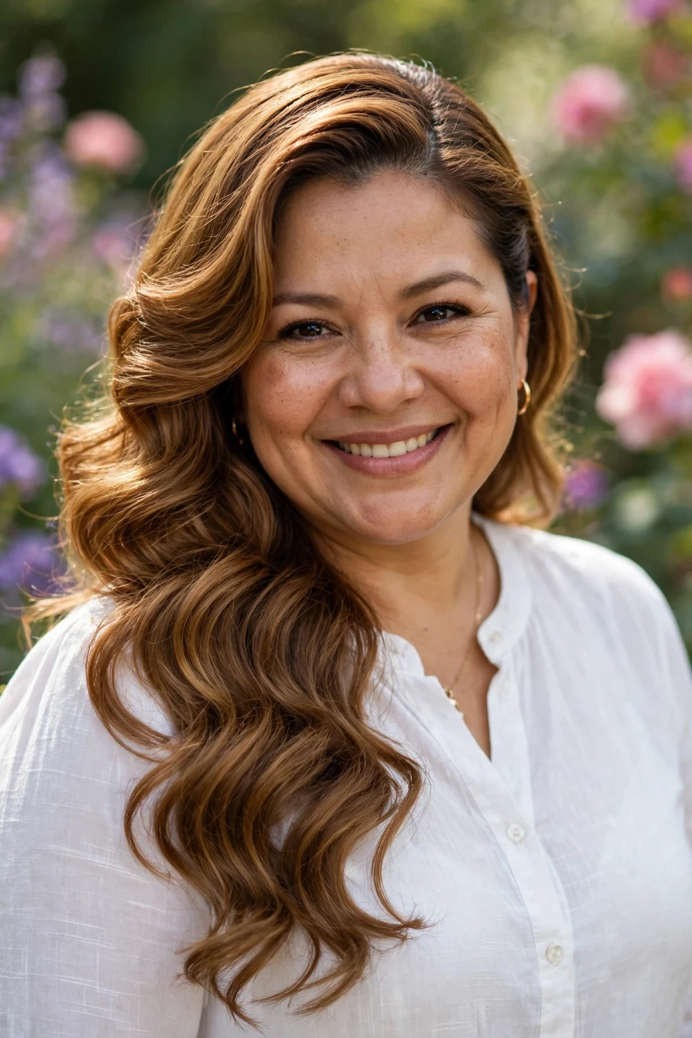 Woman with a round face and long honey-brown waves swept to one side from a deep side part