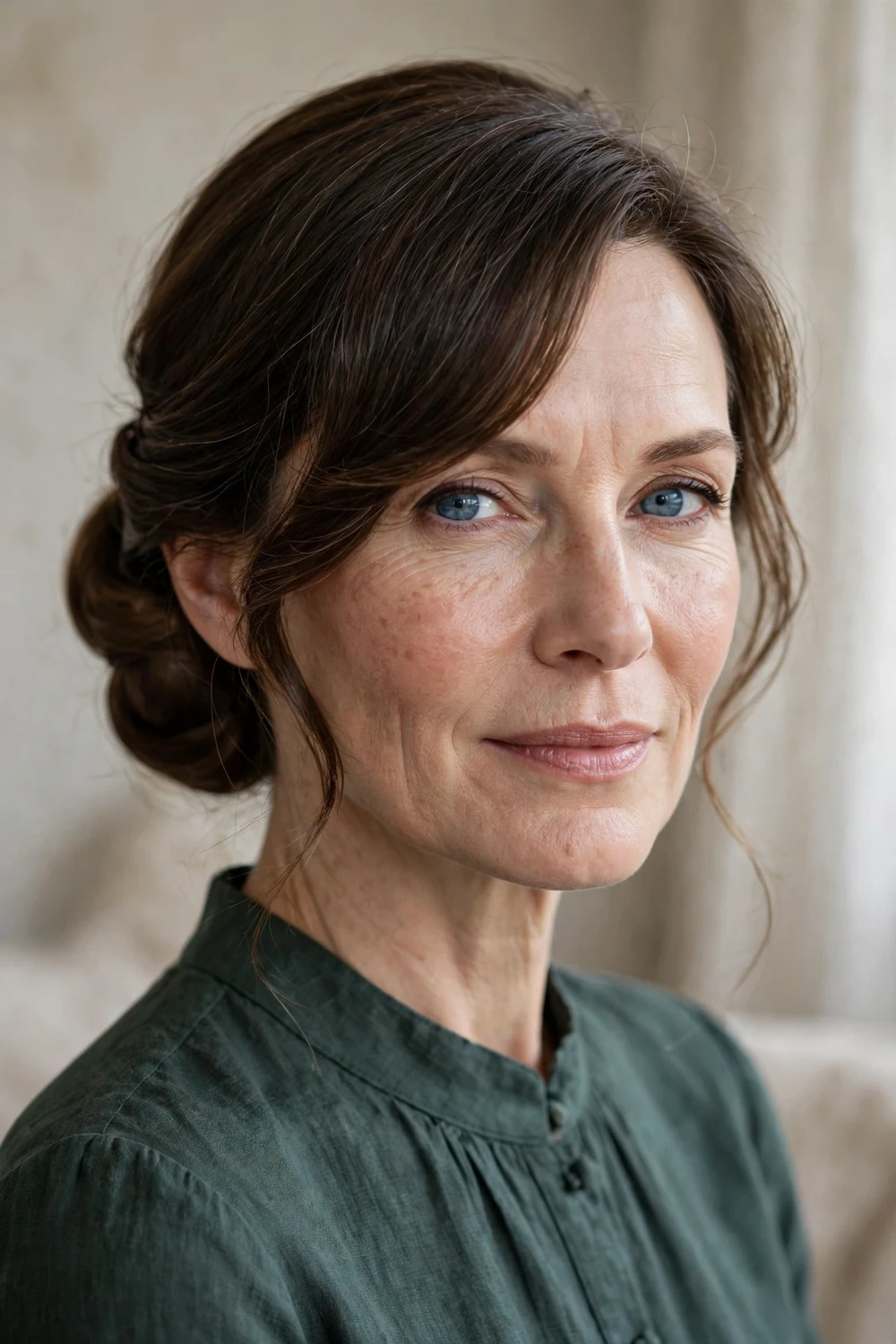 Side-swept low chignon bun with soft fringe on a square face