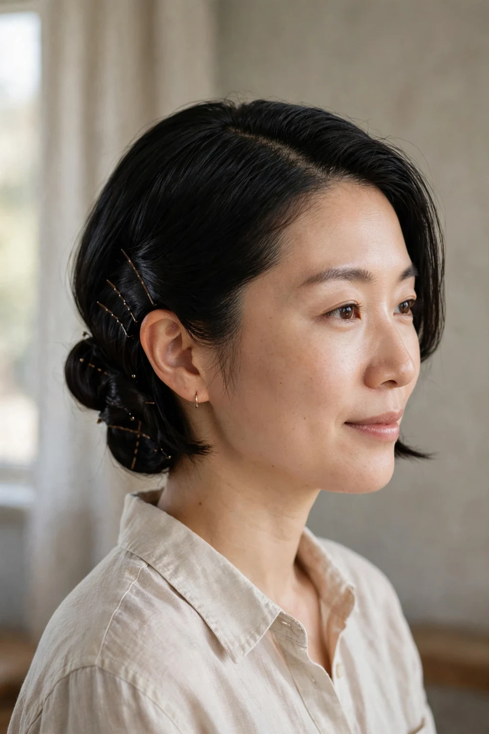 Side-swept pinned low bun with gold pins on a chin length black bob