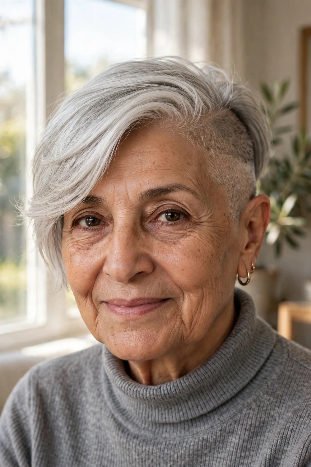 Middle Eastern woman in her early 70s with a silver-white side-swept pixie and a buzzed undercut on the opposite side