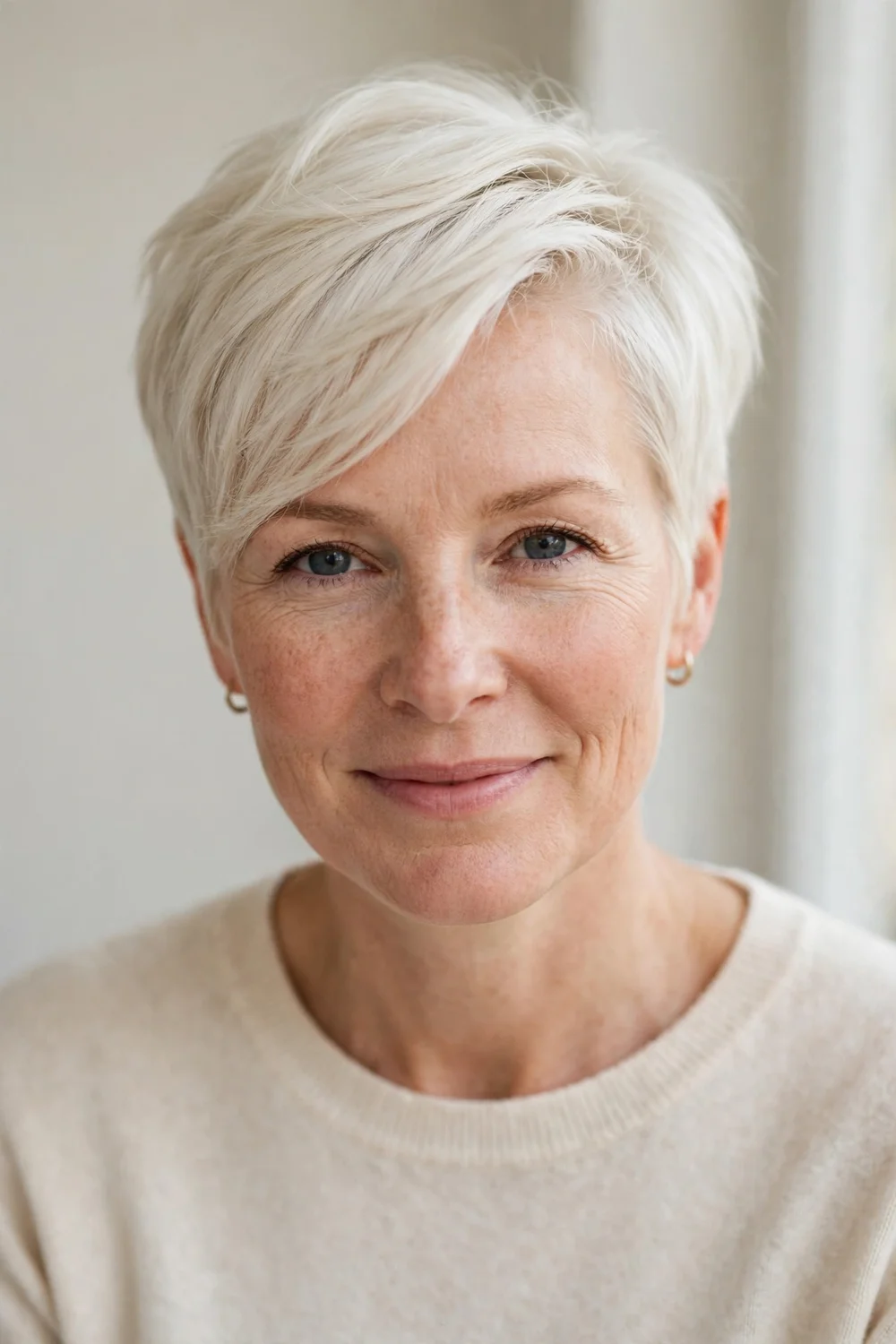 Woman with a platinum blonde side-swept pixie