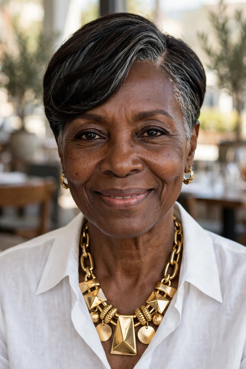 Older Black woman with a side-swept short haircut