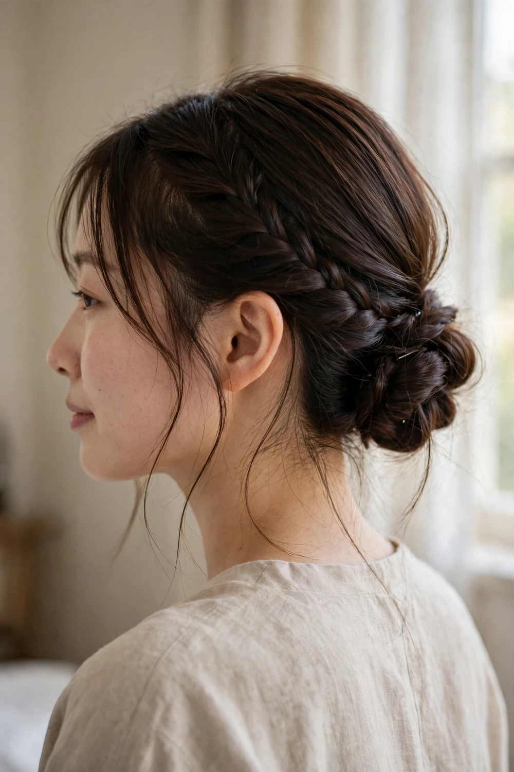 Side-swept low updo with side braid church hairstyle