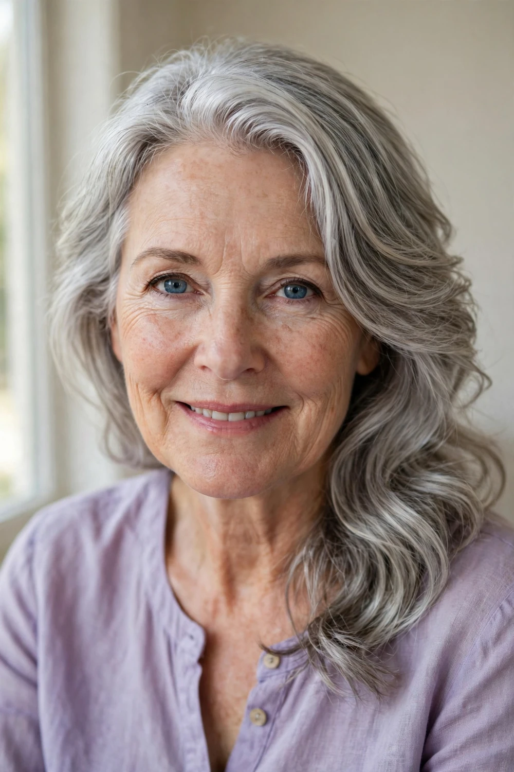 Woman in her early 60s with fair skin and side-swept wavy layers in silver-gray hair