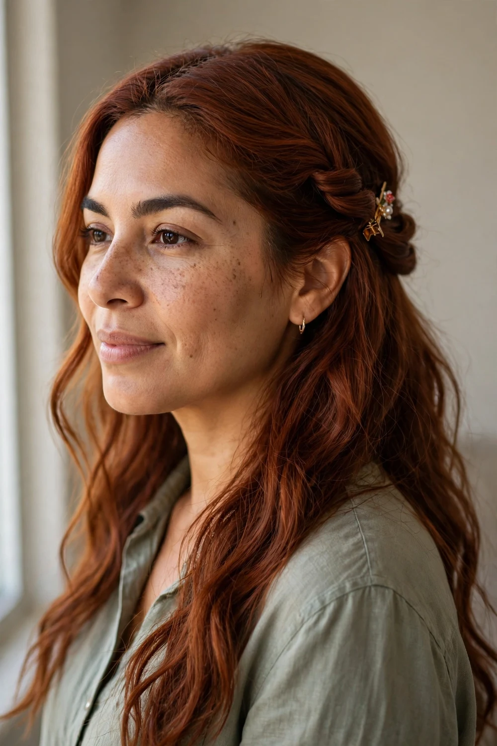 Woman with side twist pinned back with decorative clip for Christmas